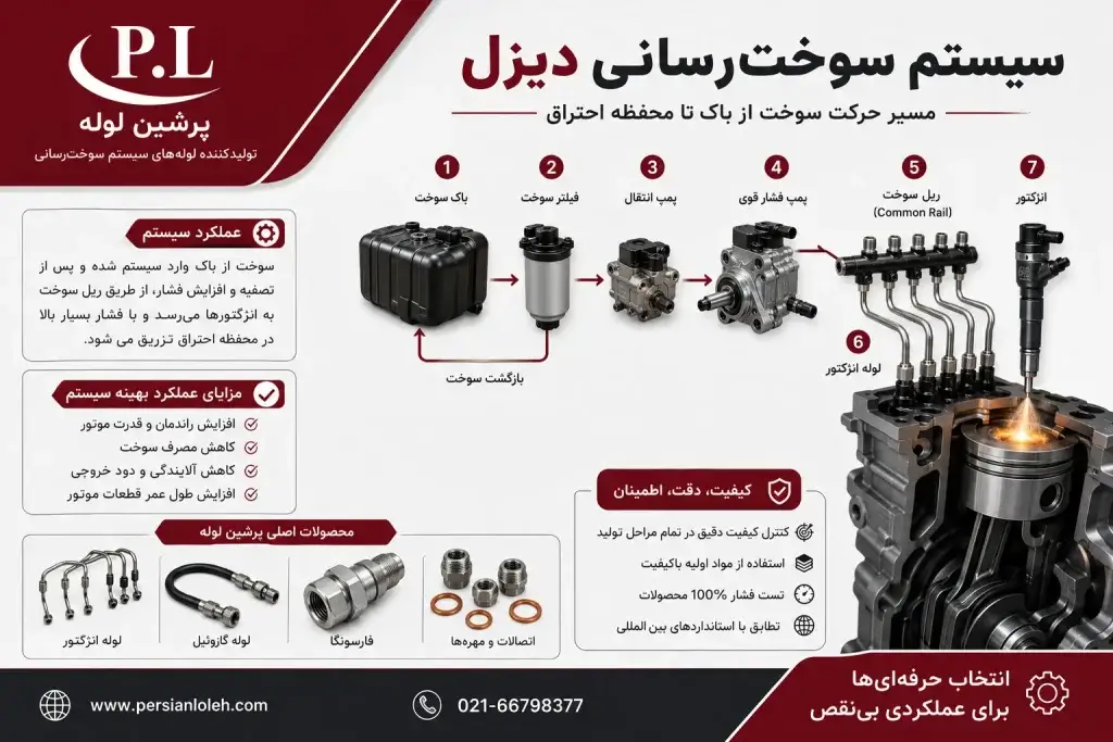 اینفوگرافیک اجزای سیستم سوخترسانی دیزل شامل باک سوخت، فیلتر، پمپ فشار قوی، ریل سوخت، لوله انژکتور، انژکتور و فارسونگا