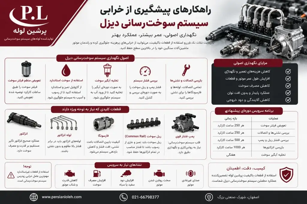 راهنمای نگهداری سیستم سوخترسانی دیزل شامل سرویس دورهای، تعویض فیلتر سوخت، بررسی فشار سیستم، لوله انژکتور، فارسونگا و ریل سوخت