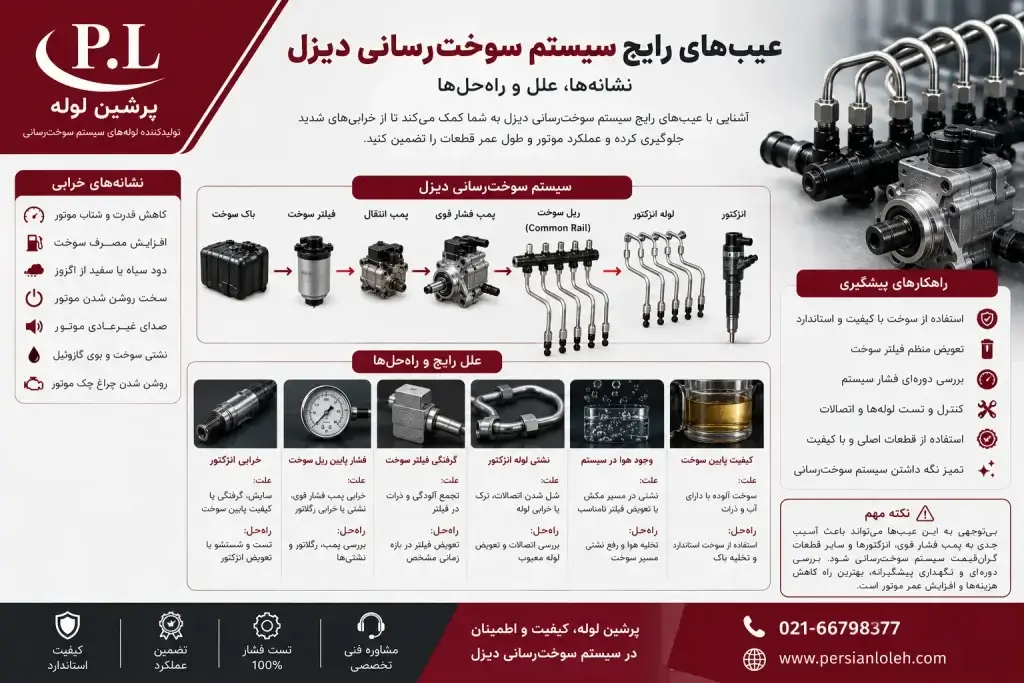 عیبیابی سیستم سوخترسانی دیزل و بررسی قطعاتی مانند انژکتور، لوله انژکتور، فارسونگا و ریل سوخت در ماشینآلات سنگین
