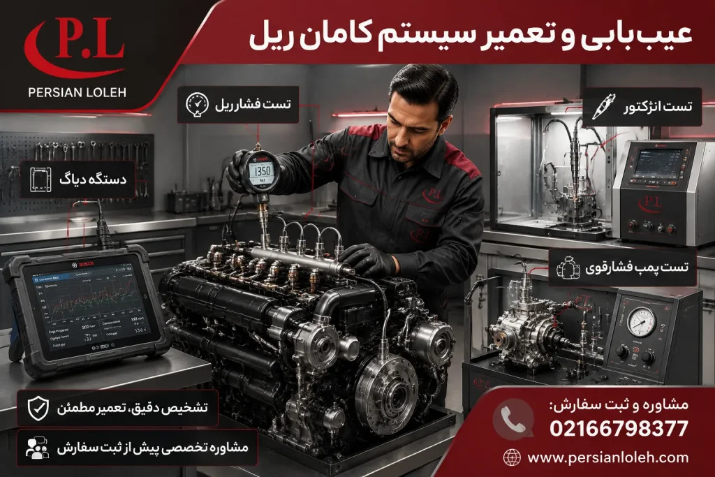 اینفوگرافیک سهبعدی پرشین لوله از عیبیابی و تعمیر سیستم کامان ریل شامل تست فشار ریل سوخت، دستگاه دیاگ، تست انژکتور و تست پمپ فشارقوی در محیط کارگاهی حرفهای