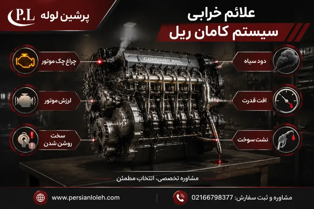 اینفوگرافیک سهبعدی پرشین لوله درباره علائم خرابی سیستم کامان ریل در موتور دیزل؛ شامل روشن شدن چراغ چک، دود سیاه، لرزش موتور، افت قدرت، سخت روشن شدن و نشت سوخت - پرشین لوله