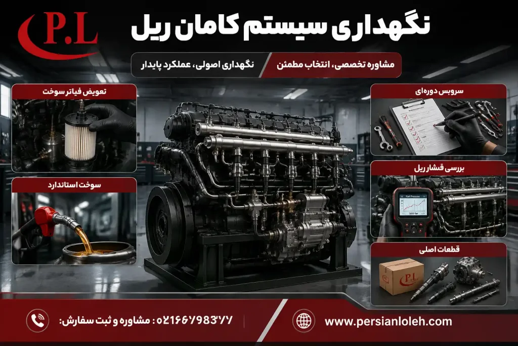 اینفوگرافیک صنعتی سهبعدی پرشین لوله درباره راهکارهای نگهداری سیستم کامان ریل؛ شامل تعویض منظم فیلتر سوخت، استفاده از سوخت دیزل استاندارد، انجام سرویسهای دورهای، بررسی فشار ریل و استفاده از قطعات اورجینال
