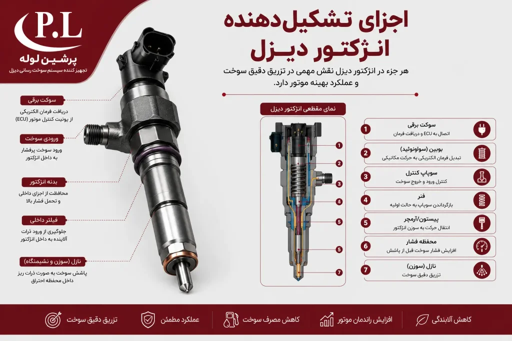 اجزای تشکیلدهنده انژکتور دیزل شامل سوکت برقی، بوبین، سوپاپ کنترل، فنر، پیستون، محفظه فشار و نازل انژکتور