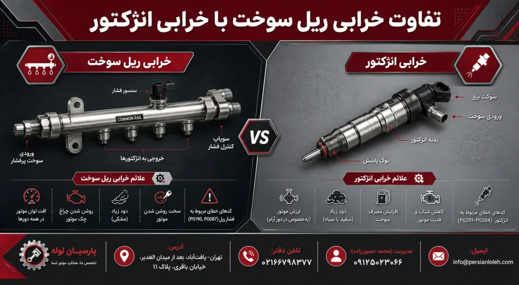 اینفوگرافیک تفاوت ریل سوخت با خرابی انژکتور در پرشین لوله